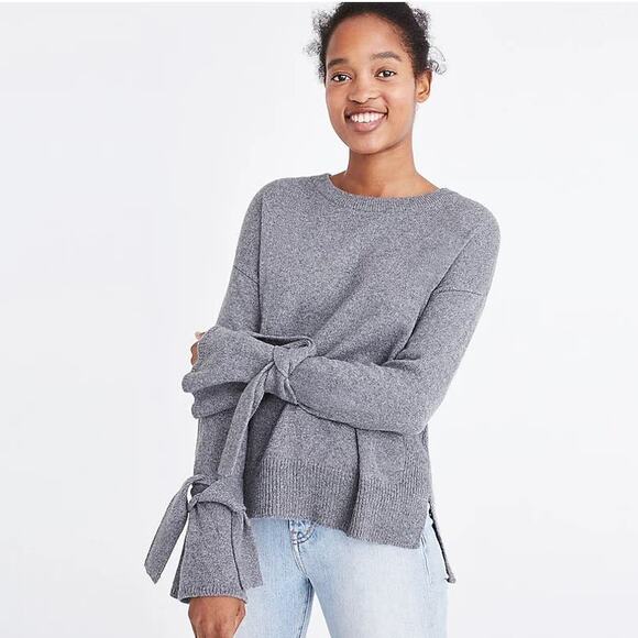 [Madewell] Charcoal Gray Tie Cuff Crew Neck Cotton Blend Sweater Size Medium M - Picture 1 of 12